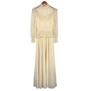 Vintage Deadstock 70s Prairie Lace Maxi Dress Boho High Neck Bridal Ivory XS